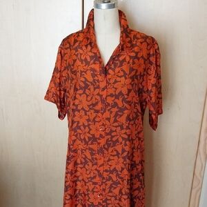 René Lezard (German) Habotai Silk Orange/Brown Floral Button-Front Maxi Dress